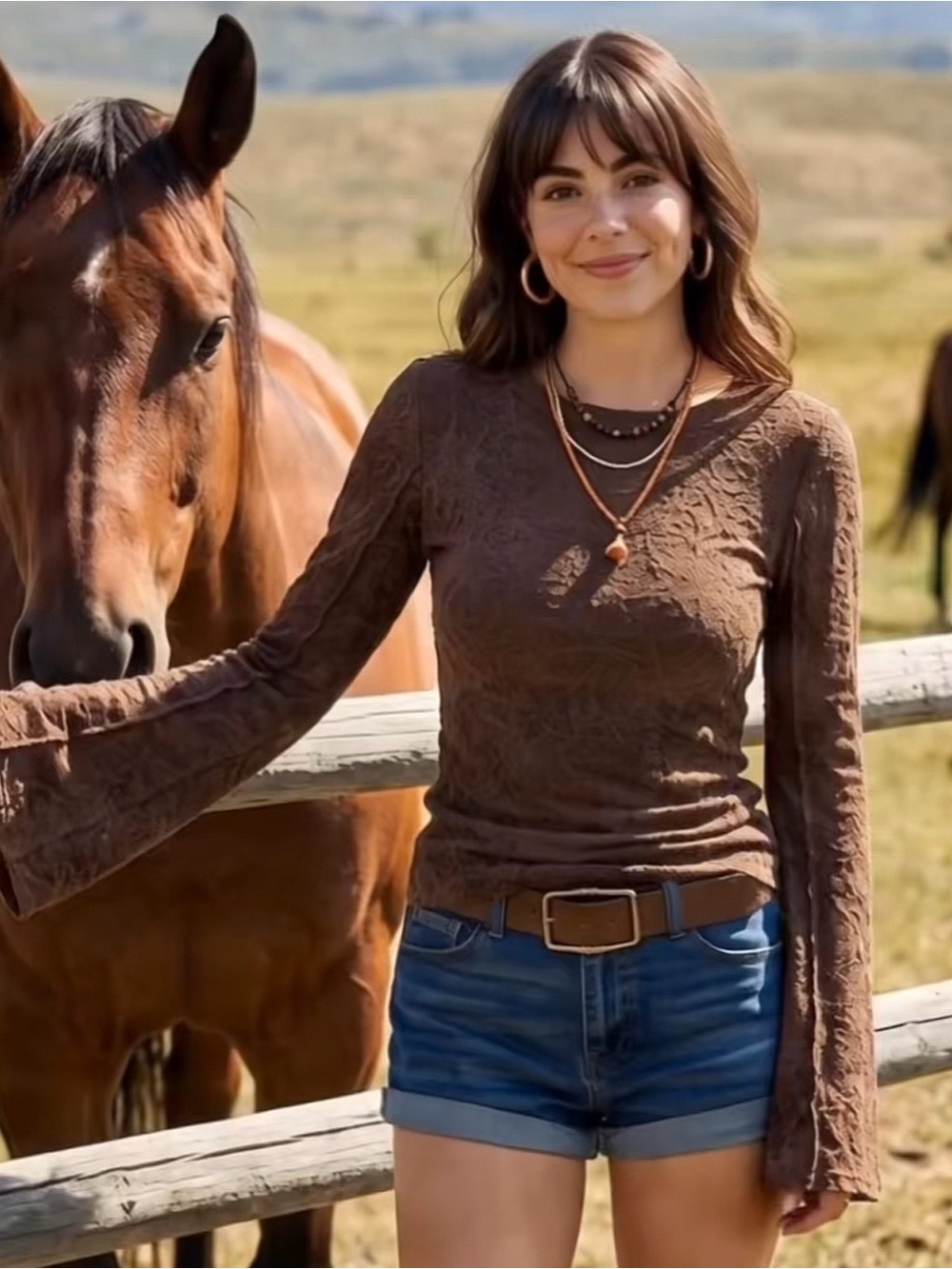 Women's Brown Textured Long-Sleeve Blouse L